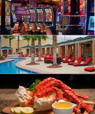 collage of images of hotel exterior, pool, slot machines and food