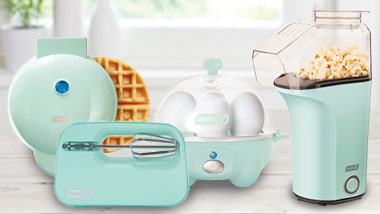 Aqua Dash Appliances: waffle maker, hand mixer, hard boiled egg maker, and popcorn maker
