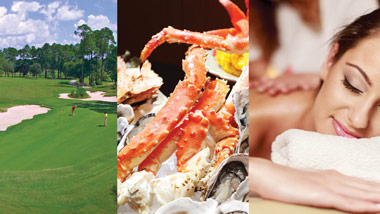 golfers on course, seafood extravaganza, massage
